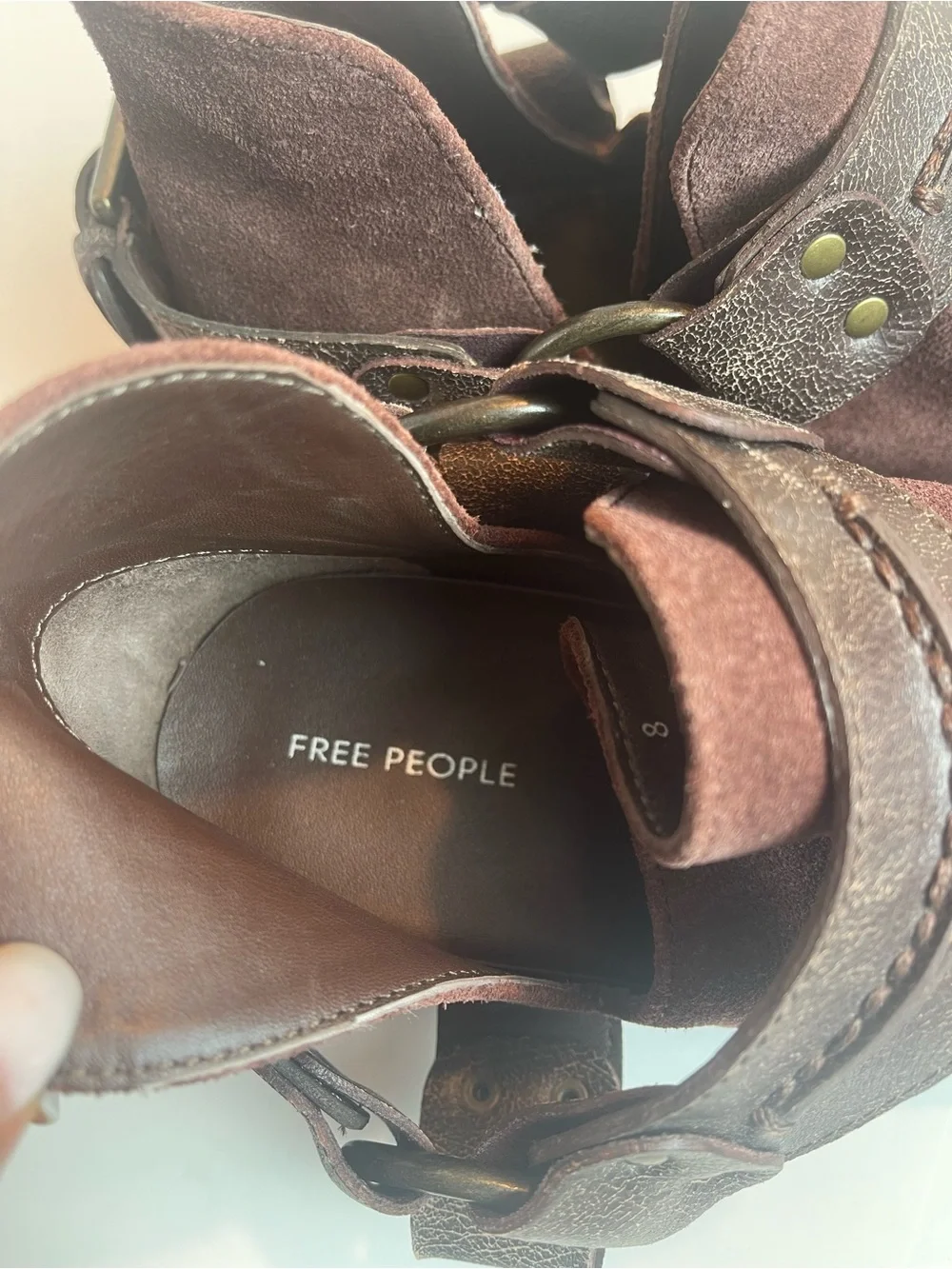 Free People Belle Harness Boots Brown Suede Leather Ankle Booties Buckle Size 8